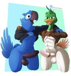 20th_century_fox 20th_century_studios abs absurd_res anas anatid anseriform anthro avian balls beak big_balls big_penis bird black_penis blu_(rio) blue_body blue_feathers blue_sky_studios bottomless brown_body brown_eyes brown_feathers clothed clothing clothing_lift crossover dabbling_duck daddy_kink digit_ring duck duo embarrassed erection feathers genitals green_body green_feathers hi_res hoodie hoodie_only illumination_entertainment jewelry leaning_on_self looking_at_viewer looking_pleasured macaw mack_mallard_(migration) male male/male mallard mature_male migration_(film) mostly_nude muscular muscular_anthro neotropical_parrot nude nude_anthro parrot partially_clothed pecs penis ring rio_(series) shoulder_grab spix's_macaw tail tail_feathers thelordjoshua1 topwear topwear_only true_parrot universal_studios white_body yellow_beak