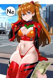 1boy 1girls ai_generated asuka_langley_sohryu blue_eyes brown_hair cleavage cleavage_cutout crop_top female money neon_genesis_evangelion prostitution public rejection thetisai thighhighs thong