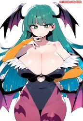 ai_generated darkstalkers green_eyes green_hair heart_cutout hiita_(hitta_99) large_breasts looking_at_viewer morrigan_aensland succubus