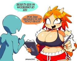 1girl1boy happy holding_pen holding_tablet huge_breasts looking_at_another mango_quaver_(female) oc original original_character quavernsfw shorts sweater talking_to_another thick_thighs