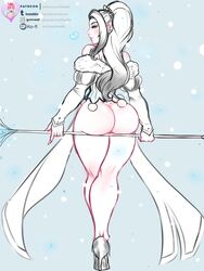 aphrodite aphrodite_(smite) ass big_ass bubble_butt dress female goddess greek_mythology high_heels ice_queen_aphrodite large_ass law-zilla legs looking_at_viewer looking_back mythology ponytail rough_sketch smile smite solo staff standing thighhighs white_hair