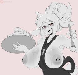 apron armpits big_breasts breasts delete duplicate fork horns nipple_piercing nipples pancake red_eyes smile sweat sweaty