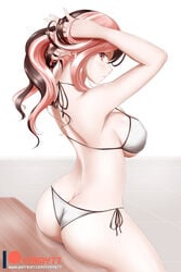 alternate_costume ass ass_cleavage back bare_arms bare_back bare_legs bare_shoulders bikini blush breasts brown_hair butt_crack cleavage erect_nipples female female_only kimmy77 large_breasts long_hair looking_at_viewer looking_back midriff multicolored_hair neck neo_(rwby) parted_lips pink_eyes pink_hair ponytail rwby side-tie_bikini sideboob sitting sitting_on_table solo swimsuit table two_tone_hair tying tying_hair underboob white_background white_bikini white_swimsuit