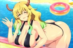 aqua_hair ass back bangs beach beach_ball bent_over bikini black_bikini black_choker blurry blurry_background breast_rest brown_horns choker cleavage collarbone colorful disheveled_hair doughnut_innertube dragon_girl dragon_horns elbow_rest green_eye green_hair hair_between_eyes halterneck hand_up horns huge_breasts inflatable_raft large_breasts light-skinned_female light_blush light_skin lindaroze long_hair lucoa lucoa_(maidragon) miss_kobayashi's_dragon_maid multicolored_hair ocean one_eye_closed open_hand open_mouth pink_innertube quetzalcoatl_(dragon_maid) sagging_breasts sand seductive sideboob sidelocks skimpy_bikini sling_bikini_top tareme waving yellow_hair