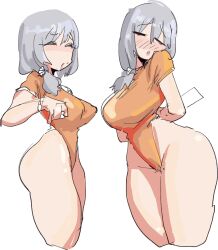 1girls bangs blush blush_lines blushing breasts closed female hair_between_eyes high_leg_leotard large_breasts leebongchun low_ponytail mature mature_female milf nipple_bulge nipples nipples_visible_through_clothing orange_leotard short_hair slit_eyes solo sweat sweatdrop uzaki-chan_wa_asobitai! uzaki_tsuki white_background white_hair