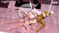 2females 2girls 3d 3some bra_lift bunny_ears bunny_girl bunnygirl cowgirl_position female_on_top femdom final_fantasy_xiv human hyur ifis_girimallikah licking_pussy male/female male_penetrated minhako_fischauge noah_inarus picture reverse_cowgirl_position square_enix tattoo tattoos threesome viera