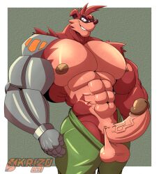 1boy 2020s 2024 activision anthro balls bandicoot bara crash_(series) crash_mind_over_mutant crunch_bandicoot dark_red_fur erect_penis erection fur furry furry_only gay genitals green_pants hi_res male male/male male_only mammal marsupial muscular muscular_male nipples pants pants_down penis red_body red_fur robotic_arm simple_background slash876 smile smiling_at_viewer smirk smirking_at_viewer solo teeth two_tone_fur veiny_penis video_games