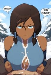 1boy 1boy1girl 1girls ai_generated angry_paizuri avatar_legends brown_skin cum dark-skinned_female female interracial korra light-skinned_male male male/female novelai paizuri poshdog pov speech_bubble talking_to_viewer the_avatar the_legend_of_korra water_tribe