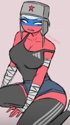 1girls adidas adidas_logo annoyed annoyed_expression bandaged_arm bandages countryhumans countryhumans_girl female female_only red_body russia_(countryhumans) russian russian_girl shorts simple_background solo solo_female tagme tank_top thighhighs unimpressed ushanka weird