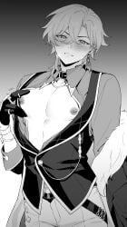 1boy aventurine_(honkai:_star_rail) blush earrings greyscale hachiten honkai:_star_rail honkai_(series) looking_at_viewer male_only monochrome nipple_piercing nipples short_hair