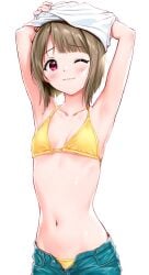 1girl 1girls armpits arms_up belly_button bikini blush brown_hair embarrassed embarrassed_female jeans_shorts kasumi_nakasu painted_nails perfect_body pink_eyes sankuro_(agoitei) short_hair skinny tagme undressing winking winking_at_viewer