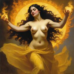 ai_generated belly black_hair breasts burning closed_eyes curvaceous curvy dancing fire holding_fireball long_hair medium_breasts navel nipples pyrokinesis seductress william_bouguereau