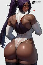 1girls ai_generated arched_back ass_focus back_view big_ass big_butt bleach bleach:_the_thousand-year_blood_war bubble_butt dark-skinned_female dark_skin dat_ass daulawkins elbow_gloves fat_ass from_behind gloves large_breasts leotard looking_at_viewer muscular muscular_female ponytail purple_hair shihouin_yoruichi solo stable_diffusion thick_lips thick_thighs thighhighs thighs voluptuous yellow_eyes