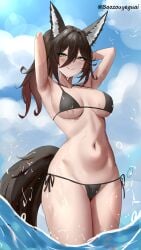 1girls bikini bikini_bottom bikini_top black_bikini black_bikini_bottom black_bikini_top black_swimsuit black_swimwear breasts brown_hair clouds female female_only fox_girl fox_humanoid green_eyes honkai:_star_rail ocean one_female only_female sea sky solo solo_female swimsuit swimwear tingyun_(honkai:_star_rail) water