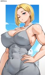 1girls abs android_18 blonde_hair blue_eyes breasts cleavage clothing cromwellb dragon_ball dragon_ball_z female female_only high_resolution large_breasts looking_at_viewer one_eye_closed solo very_high_resolution