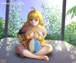 1girls beach_ball bikini bikini_bottom bikini_top blonde_female blonde_hair cleavage jay156 purple_eyes robotic_arm rwby yang_xiao_long