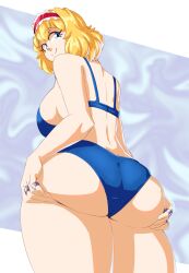 1girls 2d alice_margatroid ass ass_focus back_view bare_shoulders big_ass big_breasts blonde_hair blue_eyes bra breasts dat_ass female grabbing_ass grabbing_own_ass hair_ornament hips holding_ass huge_ass large_ass looking_at_viewer looking_back looking_back_at_viewer magical_girl panties short_hair sideboob simple_background smile smiling solo source spookoarts standing thick_thighs thighs touhou underwear underwear_only wide_hips