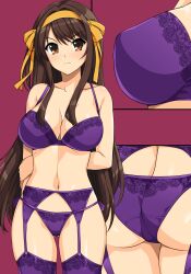 alternate_hairstyle angry_face big_breasts brown_eyes brown_hair female_only garter_belt garter_straps hand_on_back haruhisky headband long_hair nipple_bulge purple_legwear purple_lingerie purple_panties red_background simple_background suzumiya_haruhi suzumiya_haruhi_no_yuuutsu yellow_headband yellow_ribbon