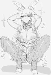 1girls areola areola_slip areolae areolae_slip bangs bow_collar bow_tie bowtie bowtie_collar breasts bunny_ears bunny_ears_(gesture) camel_toe cameltoe collar detached_collar detached_sleeves doodle female fishnet_legwear fishnet_stockings fishnets hands_on_head heels high_heels komi-san_wa_komyushou_desu komi_shouko large_breasts leebongchun leotard long_hair nipple_slip nipples no_color rabbit_ears sketch sleeves solo sparkle sparkles squatting straight_hair uncolored