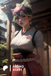 1girls ai_generated facepaint facial_markings female green_hair helmet japanese_clothes kimono kiriko_(overwatch) overwatch overwatch_2 primo_aiart skirt solo stable_diffusion