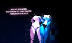 2girls 3d 3d_(artwork) animatronic big_breasts bikini bird bird_girl bird_humanoid bonnie_(fnaf) breasts_out dialogue five_nights_at_freddy's five_nights_at_freddy's_2 furry glitch glitching glowing_eyes holding_hands intimidating intimidation looking_at_viewer nipple_tape nude_female rabbit rabbit_ears robot robot_girl slim slim_waist source_filmmaker taped_nipples toy_bonnie_(fnaf) toy_chica_(fnaf) vyne