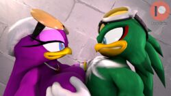 accipitrid accipitriform anthro avian beak big_breasts bird blue_eyes breasts clothing eyewear female gloves goggles hi_res jet_the_hawk male razorkitana sonic_(series) sonic_riders swallowing wave_the_swallow