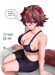 1girls bra breasts brown_hair latam_virtual_youtuber manasenshou multicolored_hair raccoon_girl rakkun spanish_text strip_game virtual_youtuber vtuber vtuberfanart white_background