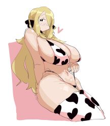 1girls arm_behind_back arms_behind_back blush blush_lines breasts cow_bikini cow_print cow_print_bikini cow_print_thighhighs cowkini cowprint cowprint_bikini cynthia_(pokemon) female hair_accessory hair_bobbles hair_ornament hair_over_one_eye heart_print large_breasts leebongchun long_hair mature mature_female pokemon pulling_bikini_string pulling_clothing sidelocks solo thighhighs