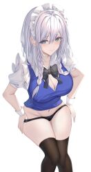 7saki artist_request blush cowboy_shot embarrassed knees_together_feet_apart kneesocks large_breasts large_thighs removing_panties sakuya_izayoi thick_thighs touhou undressing wide_hips