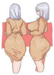 1girls ass ass_focus bangs behind_view blush blush_lines blushing breasts brown_dress closed_eyes dress female from_behind large_breasts leebongchun long_sleeves low_ponytail mature mature_female milf mother ponytail short_hair skin_tight skin_tight_dress sleeves slit_eyes solo tight_clothing tight_dress uzaki-chan_wa_asobitai! uzaki_tsuki white_hair