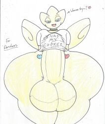 balls big_balls big_penis bottomless chasey_ultra_beast_goodra choker clothed clothing collar dialogue english_text generation_2_pokemon genitals hi_res huge_balls huge_cock hyper hyper_balls hyper_genitalia hyper_penis jewelry male necklace nintendo partially_clothed penis pokemon pokemon_(species) shirt simple_background solo text thick_thighs togetic topwear wolfespada