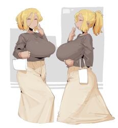 1girls beige_skirt blonde_female blonde_hair breasts brown_skirt brown_topwear closed_eyes eyeshadow female hair_between_eyes hand_on_mouth hand_to_own_mouth large_breasts leebongchun long_skirt long_sleeves mature mature_female milf mother multiple_views original original_character ponytail short_hair short_ponytail sidelocks skirt sleeves slit_eyes solo