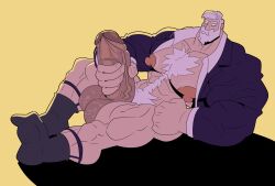 abs beard big_muscles clothing drayden green_eyes hair hairy hairy_balls hairy_male huge_muscles hyper hyper_muscles hyper_penis legs legwear nipples old_man older_male partially_clothed pecs pokemon pokemon_bw socks suit vaniwall vein veiny_penis white_hair