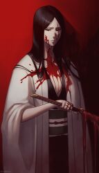 50x48x48 artist_name big_breasts black_hair bleach bleach:_the_thousand-year_blood_war blood blood_on_face blood_stain blue_eyes cleavage gilf hair_down katana long_sleeves milf minazuki_(bleach) red_background sword unohana_retsu unohana_yachiru weapon white_coat