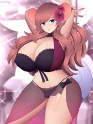 1girls animal_ears arm_behind_head armpits arms_up bare_midriff bare_thighs bikini black_bikini black_swimsuit blue_eyes breasts brown_hair choker cleavage commission cosplay covered_nipples curvy dorothea_arnault_(cosplay) earrings female female_only fire_emblem fire_emblem_heroes flower hair_flower hourglass_figure huge_breasts looking_at_viewer lumarianne20 midriff mouse_ears mouse_girl mouse_tail nail_polish navel original partially_visible_vulva pole pose red_nails sarong see-through sideboob smile solo sparkles standing swimsuit tail thick_thighs thighs v very_long_hair voluptuous wide_hips