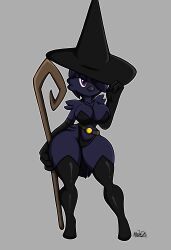 2022 2024 anthro anthromorph artist_name artist_signature avian background beak big_ass big_breasts big_butt big_hat bird breasts clothed clothing dark_purple_body dark_purple_fur dark_purple_hair digital_media_(artwork) furry gray_background hair_over_one_eye hat hi_res high_heels holding_object holding_staff legwear looking_at_viewer macaw macaw_humanoid mrdrezq oc one_eye_obstructed original_character parrot purple_eyes signature sketch smiling spix's_macaw thick_thighs true_parrot witch witch_costume witch_girl witch_hat