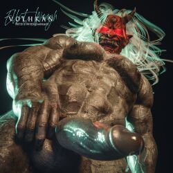 1boy 3d azog3d bara bas dbd dead_by_daylight demon erection horns kazan_yamaoka large_penis male_focus male_only mask muscle muscular penis presenting_penis silver_hair solo the_oni_(dbd)