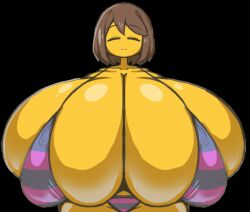 1girls 2024 2d bikini bikini_bottom bikini_top breasts female female_only frisk heavy_breasts huge_breasts human human_female human_only hyper_breasts petronoise solo squish tight_clothing toby_fox undertale undertale_(series)