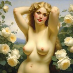 abstract ai_generated belly blonde_hair blue_eyes breasts close-up curly_hair curvy female flower flowers lips long_hair medium_breasts navel nipples nude presenting realistic rose_(flower) smile solo white_rose william_bouguereau