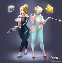 2girls baby_(metroid) beauty_mark bimbo blonde_hair breasts busty cleavage color crossover female female_only firearm gun hair_over_one_eye handgun high_heels hourglass_figure luma mario_(series) metroid metroid_(creature) multiple_girls navel nintendo open_toe_shoes pinkdrawz ponytail princess_rosalina samus_aran shoes sidelocks super_mario_galaxy thick_thighs voluptuous wand weapon wide_hips