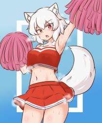 animal_ears arm_up blue_background blush breasts bright_pupils cheerleader commentary_request commission female gradient_background inubashiri_momiji large_breasts looking_at_viewer mizusoba momiji_inubashiri open_mouth pom_pom_(cheerleading) red_eyes red_skirt short_hair skeb_commission skirt solo sweat tail touhou white_hair white_pupils wolf_ears wolf_girl wolf_tail