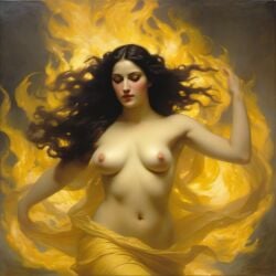 ai_generated belly black_hair breasts burning closed_eyes curvaceous curvy dancing fire long_hair medium_breasts navel nipples pyrokinesis seductress william_bouguereau