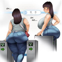 1girls accidentally_stuck ass breasts chubby chubby_female denim dialogue fat fat_ass female female_only huge_ass huge_breasts inconvenient_ass jeans overweight overweight_female plump stuck stuck_in_door thick_thighs toroboro turnstile