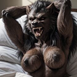 ai_generated angry angry_face anthro armpits arms_behind_head arms_up bed breasts canid canine fangs freekhitman furry hyperrealistic in_bed mammal nipples nude photorealism photorealistic realistic snarling solo tagme werewolf werewolf_girl wolf wolf_girl