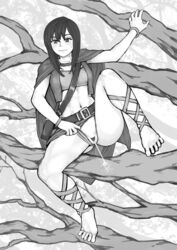 absurdres arm_up bangs barefoot belt blush bracelet breasts cape closed_mouth collarbone dodomesu feet female female full_body greyscale highres jewelry leg_up long_hair midriff miniskirt monochrome navel original outdoors panties panties_aside peeing pubic_hair pussy skirt small_breasts solo spread_legs strapless sweat tree tubetop uncensored underwear vest