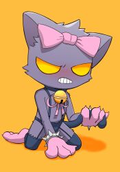 absurd_res bell bell_collar blush bow_ribbon bracelet bulge collar furry hi_res jewelry league_of_legends male no_pupils orange_background pwslz riot_games shaded simple_background solo spiked_bracelet spikes veigar yellow_sclera yordle