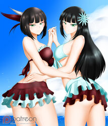 >:) 2girls alternate_costume aqua_bikini aqua_swimsuit ass bangs bare_arms bare_legs bare_shoulders beach bikini bikini_skirt black_hair blunt_bangs blush breasts closed_mouth cloud day eyeshadow female female_only frilled_bikini frilled_swimsuit frills green_eyes hair_ornament hand_holding hand_up hug interlocked_fingers kimmy77 large_breasts legs long_hair looking_at_viewer looking_back makeup medium_breasts melanie_malachite midriff miltiades_malachite multiple_females multiple_girls neck ocean outdoors red_bikini red_swimsuit rwby sea short_hair siblings sideboob sisters sky smile standing strapless strapless_bikini strapless_swimsuit swimsuit twins water