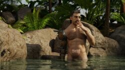 1boy 3d apex_legends azog3d body_hair fuse_(apex_legends) male_focus male_only muscular nude outdoors penis solo water wet