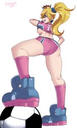 1girls ass big_ass blonde_hair breasts clothing crown earrings eyewear female female_only football football_(ball) football_player football_uniform hair half-closed_eyes knee_socks kneehighs kneesocks long_hair mario_(series) mario_strikers nintendo open_mouth pink_shorts pink_socks ponytail princess princess_peach radlionheart shirt shirt_lift shorts soccer_ball soccer_shoes soccer_uniform socks solo underboob uniform video_games