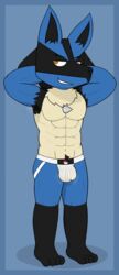 1boy abs anthro anthrofied armpits bulge clothing feet furry hi_res jockstrap lucario male male_only mezzanine_(artist) muscular muscular_male musk nintendo pokemon pokemon_(species) pokemon_dppt solo sweat topless underwear video_games